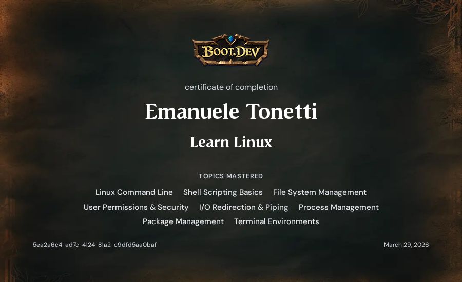 Emanuele Tonetti's Boot.dev Learn Linux certificate