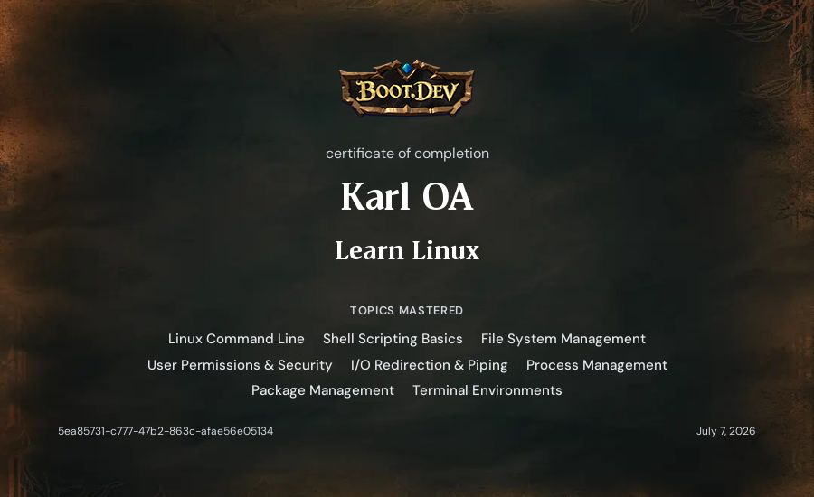 Karl OA's Boot.dev Learn Linux certificate