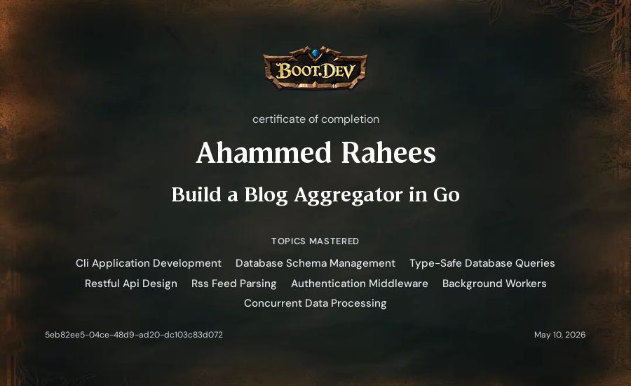 Ahammed Rahees's Boot.dev Build a Blog Aggregator in Go certificate