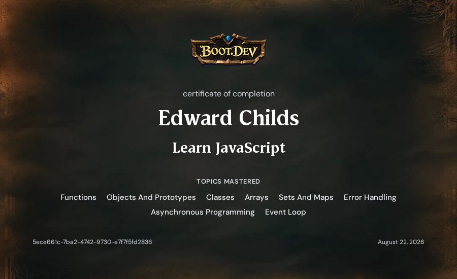Edward Childs's Boot.dev Learn JavaScript certificate