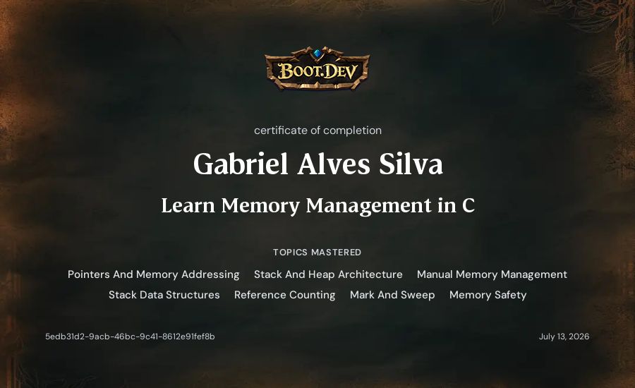 Gabriel Alves Silva's Boot.dev Learn Memory Management in C certificate