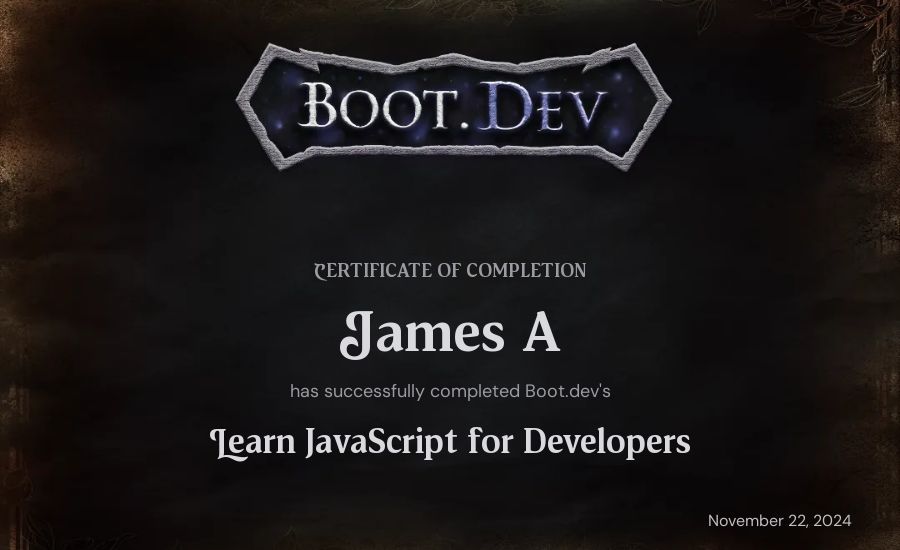 James A's Boot.dev Learn JavaScript certificate