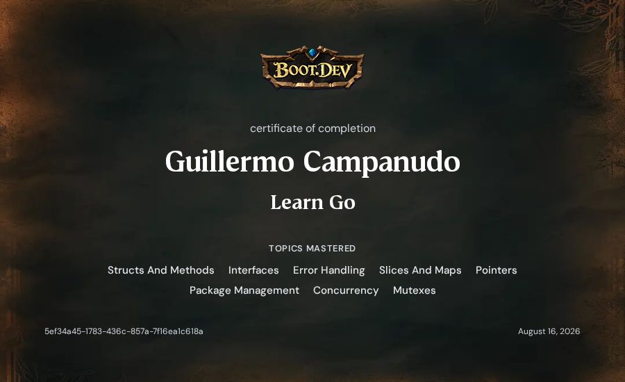 Guillermo's Boot.dev Learn Go certificate