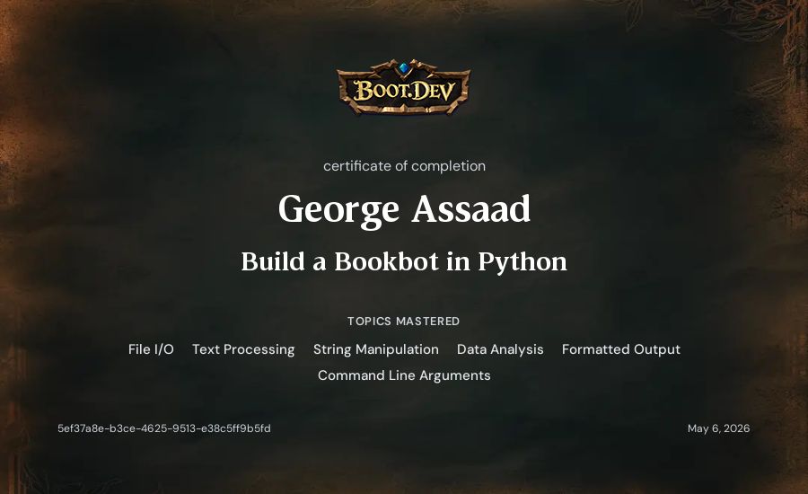 George Assaad's Boot.dev Build a BookBot in Python certificate