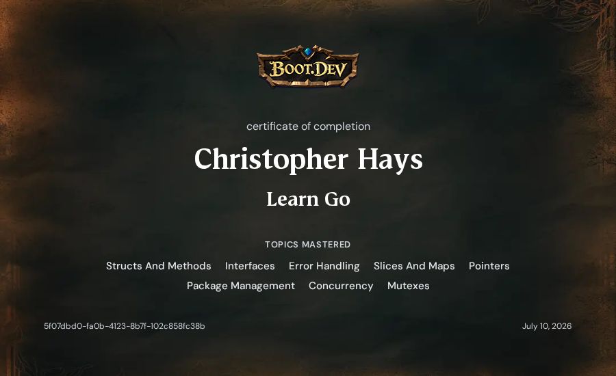 Christopher Hays's Boot.dev Learn Go certificate