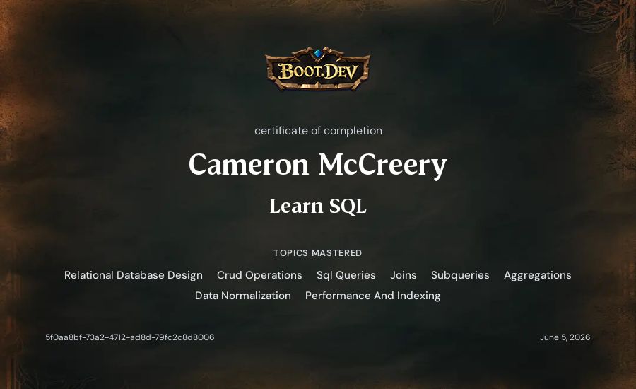 Cameron McCreery's Boot.dev Learn SQL certificate