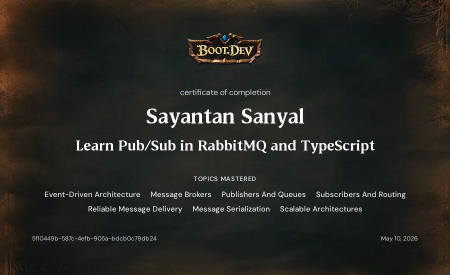 Sayantan Sanyal's Boot.dev Learn Pub/Sub in RabbitMQ and TypeScript certificate
