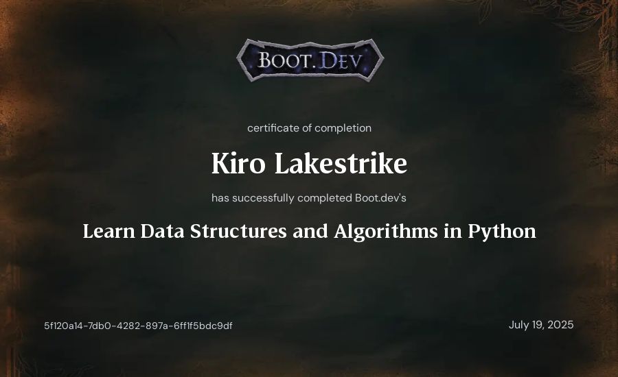 Pascal Klodel's Boot.dev Learn Data Structures and Algorithms in Python certificate