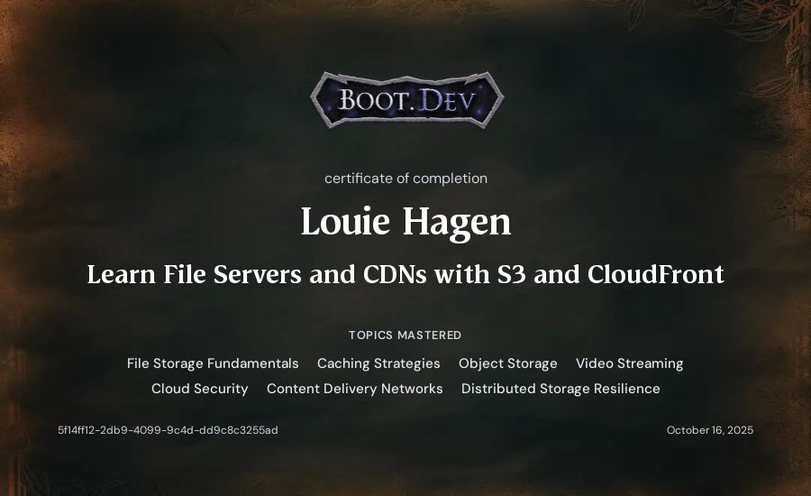 Louie Hagen's Boot.dev Learn File Servers and CDNs with S3 and CloudFront certificate