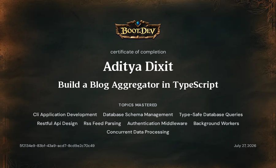 Aditya Dixit's Boot.dev Build a Blog Aggregator in TypeScript certificate