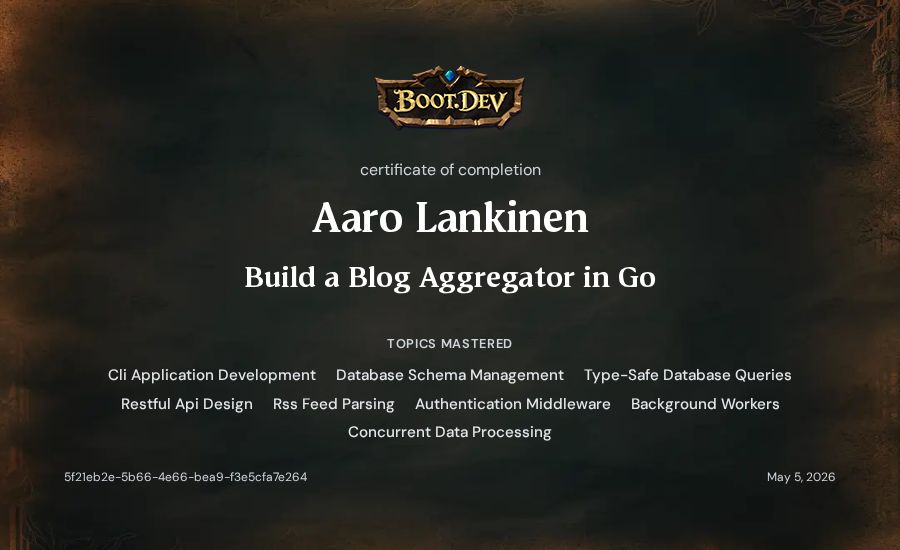 Aaro Lankinen's Boot.dev Build a Blog Aggregator in Go certificate