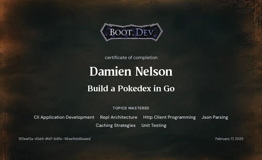 Damien Nelson's Boot.dev Build a Pokedex in Go certificate