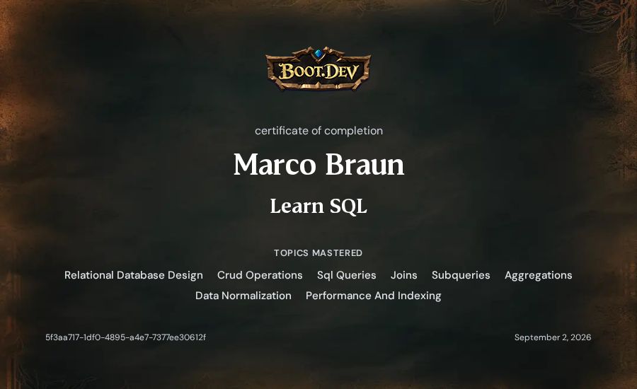 Marco Braun's Boot.dev Learn SQL certificate