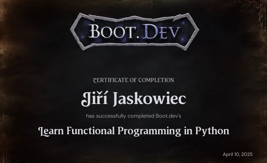 Jiří Jaskowiec's Boot.dev Learn Functional Programming in Python certificate