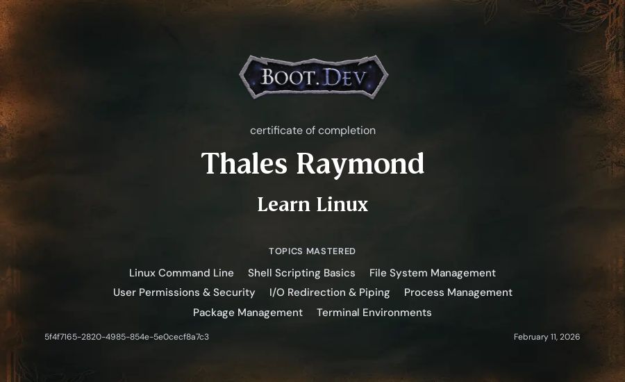 Thales Raymond's Boot.dev Learn Linux certificate
