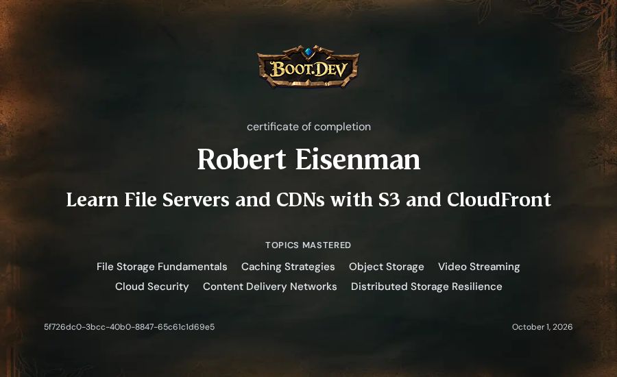 Robert Eisenman's Boot.dev Learn File Servers and CDNs with S3 and CloudFront certificate