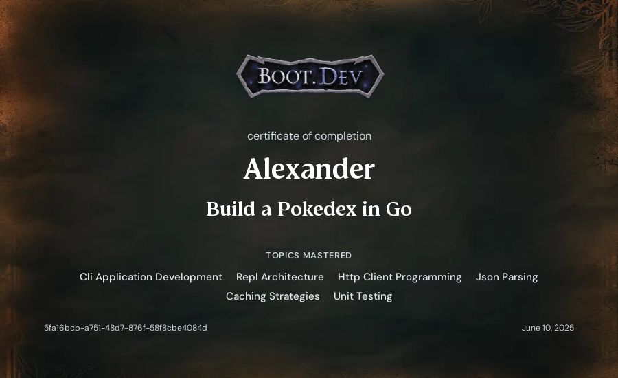 Alexander's Boot.dev Build a Pokedex in Go certificate