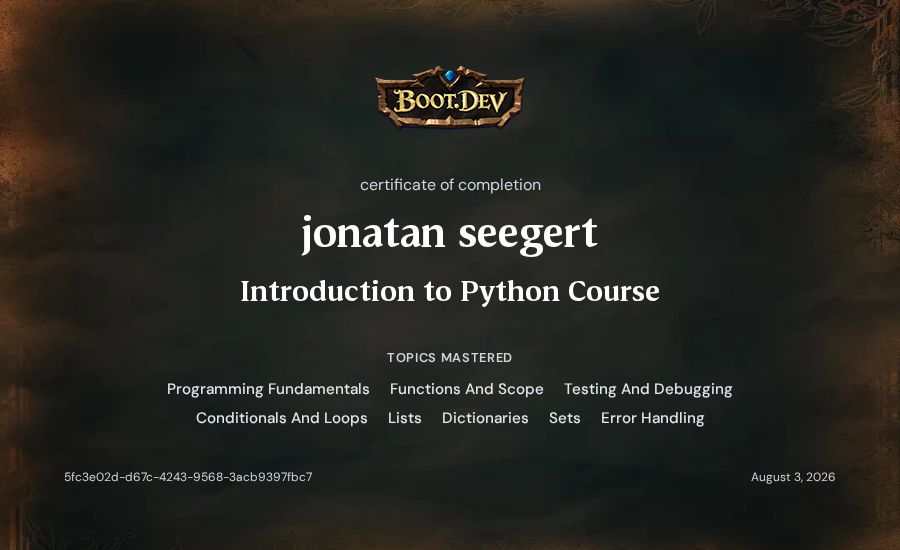 jonatan seegert's Boot.dev Introduction to Python Course certificate