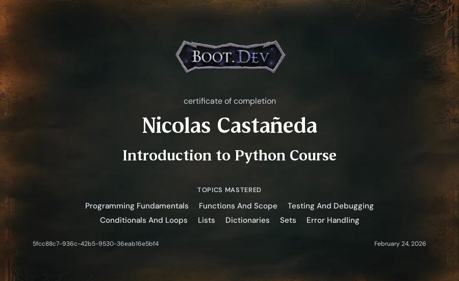 Nicolas Castañeda's Boot.dev Introduction to Python Course certificate