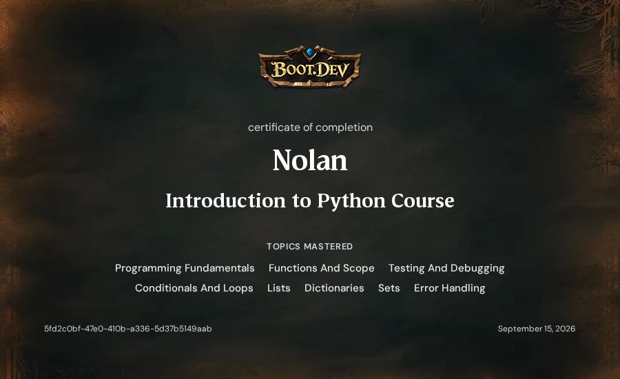 Nolan's Boot.dev Introduction to Python Course certificate