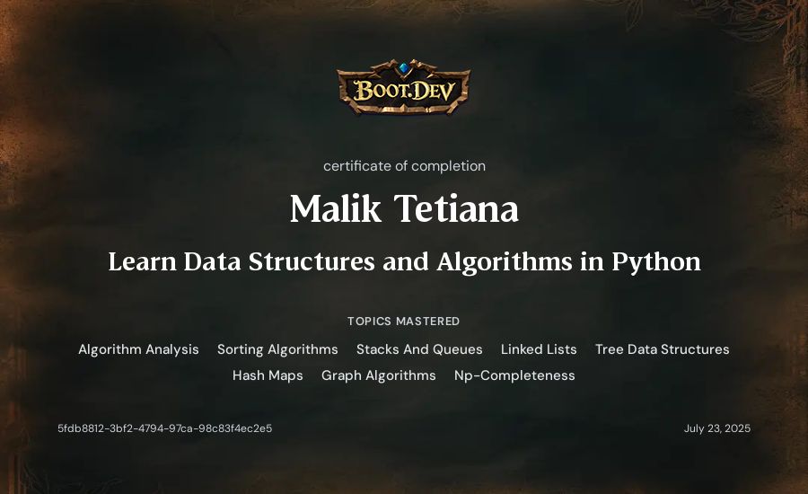 Malik Tetiana's Boot.dev Learn Data Structures and Algorithms in Python certificate