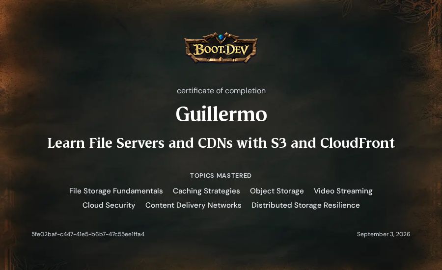 Guillermo's Boot.dev Learn File Servers and CDNs with S3 and CloudFront certificate