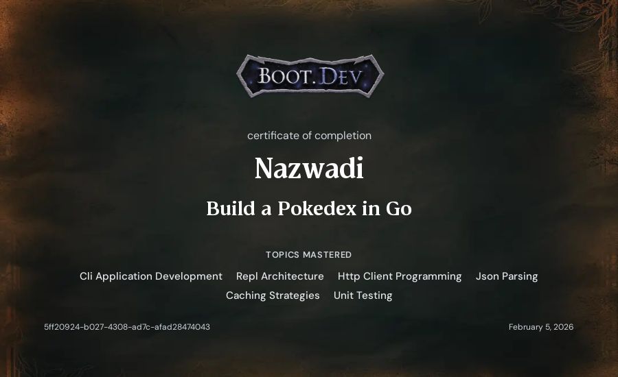 Nazwadi's Boot.dev Build a Pokedex in Go certificate