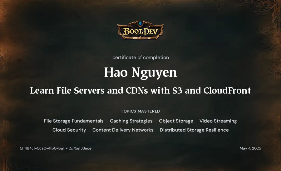 Hao Nguyen's Boot.dev Learn File Servers and CDNs with S3 and CloudFront certificate