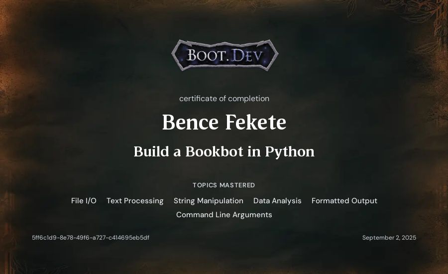Bence Fekete's Boot.dev Build a BookBot in Python certificate
