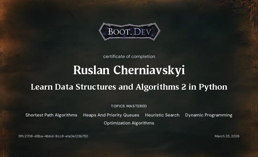 Ruslan Cherniavskyi's Boot.dev Learn Data Structures and Algorithms 2 in Python certificate