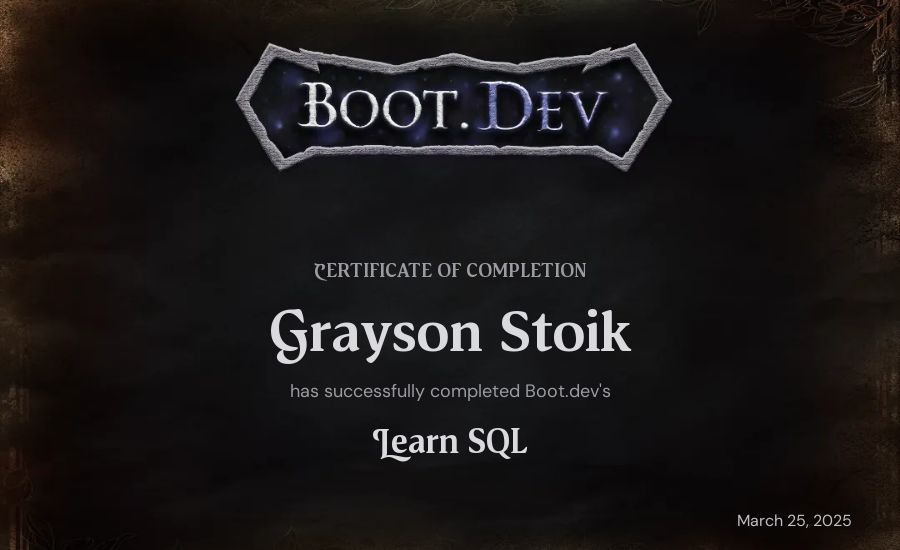 Grayson Stoik's Boot.dev Learn SQL certificate