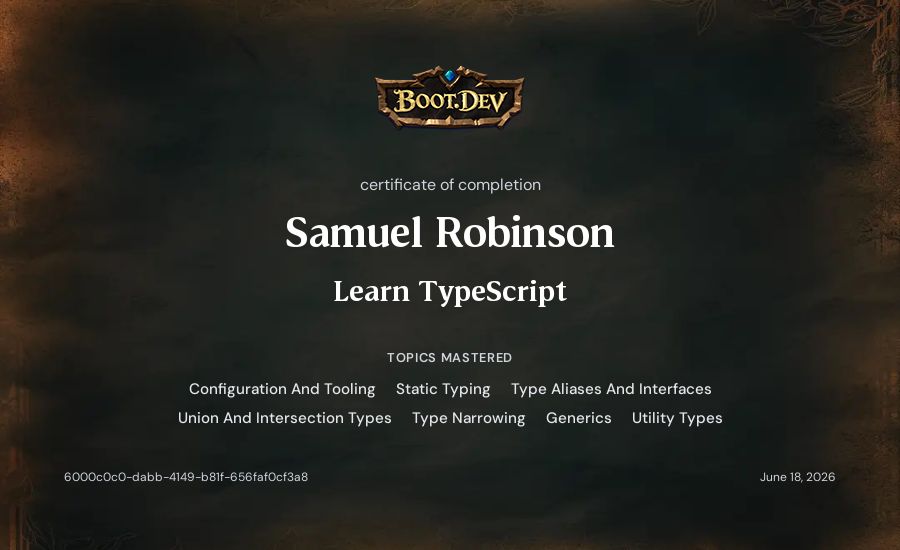 Samuel Robinson's Boot.dev Learn TypeScript certificate