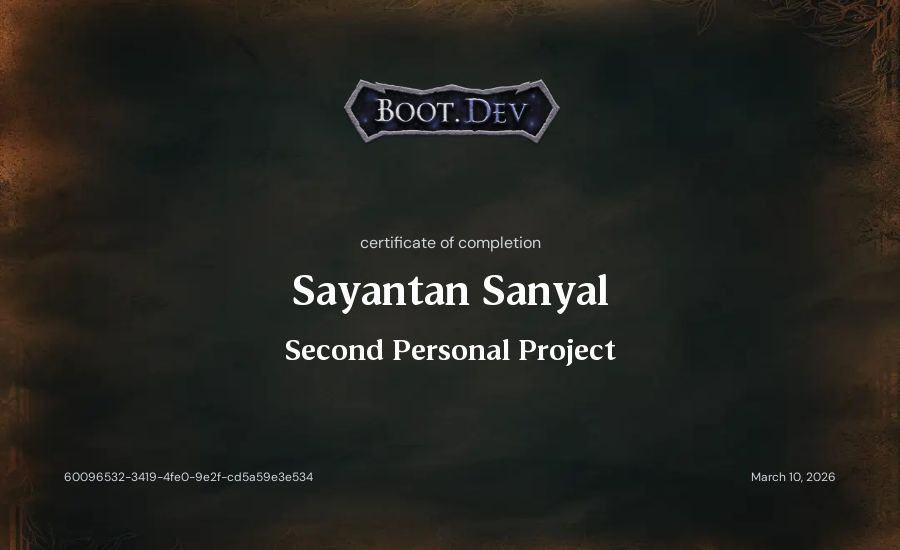 Sayantan Sanyal's Boot.dev Second Personal Project certificate