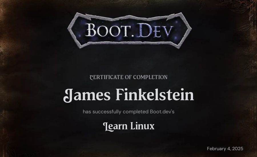Jimmjy F's Boot.dev Learn Linux certificate