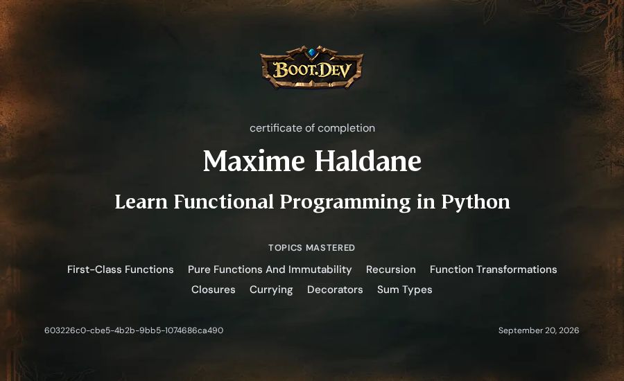 Maxime Haldane's Boot.dev Learn Functional Programming in Python certificate
