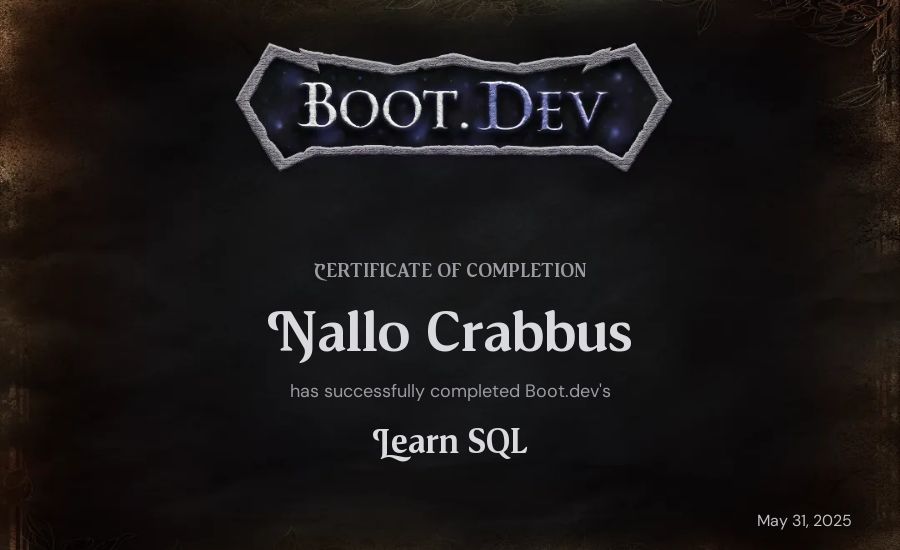 Nallo Crabbus's Boot.dev Learn SQL certificate