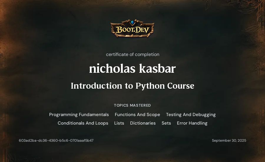 nicholas kasbar's Boot.dev Introduction to Python Course certificate