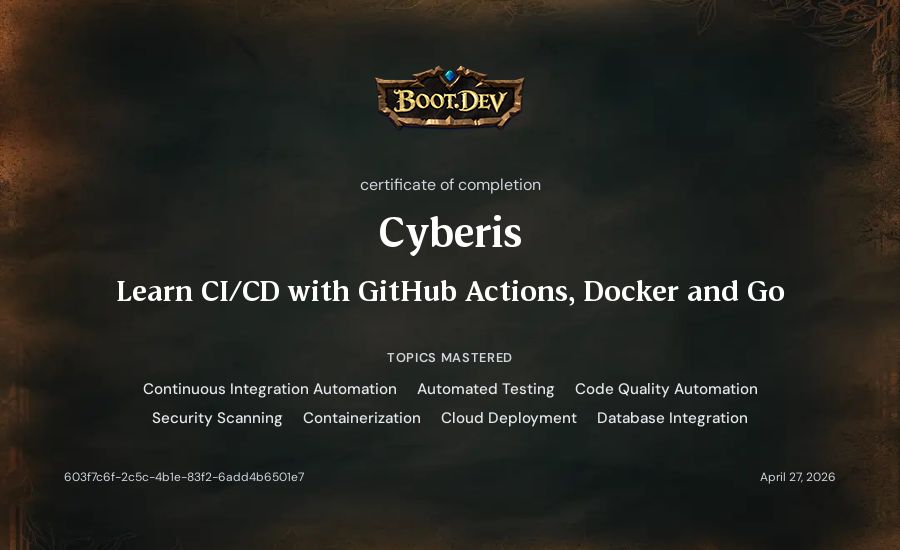 Cyberis's Boot.dev Learn CI/CD with GitHub Actions, Docker and Go certificate