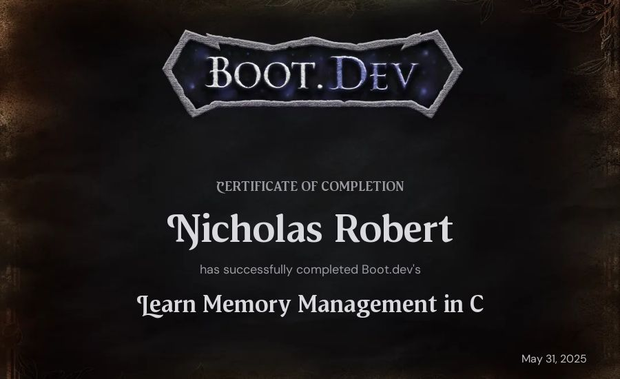 Robert's Boot.dev Learn Memory Management in C certificate