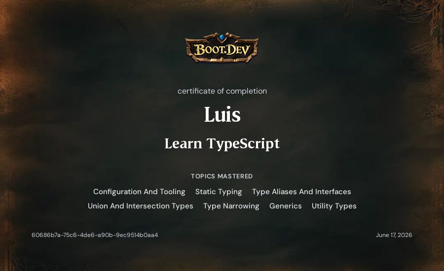Luis's Boot.dev Learn TypeScript certificate