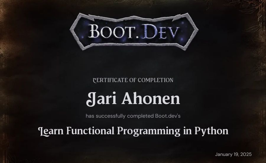 Jari Ahonen's Boot.dev Learn Functional Programming in Python certificate