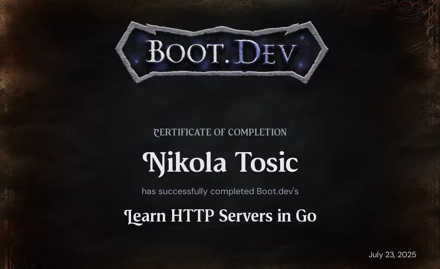 Nikola Tosic's Boot.dev Learn HTTP Servers in Go certificate