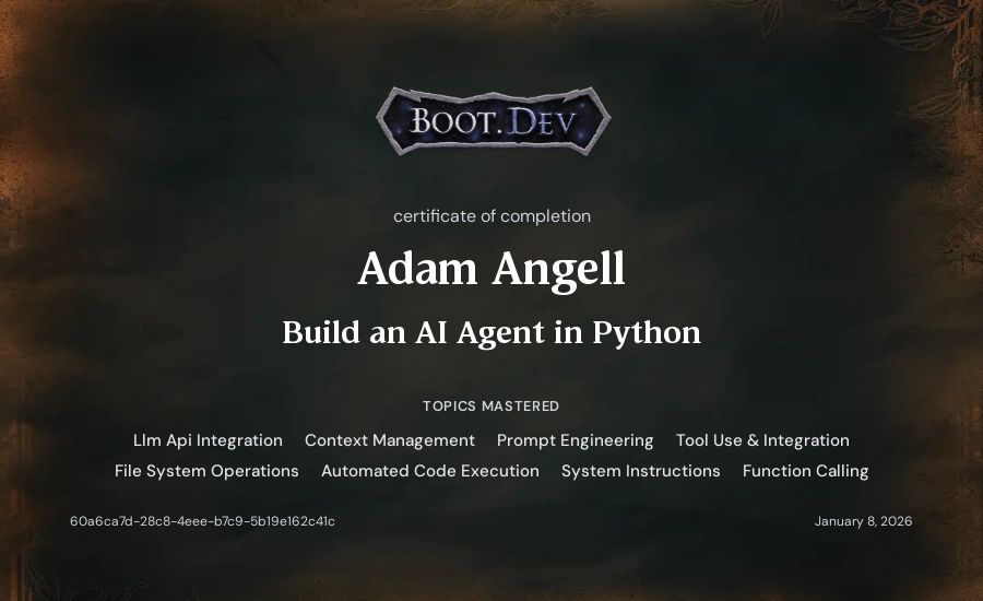 Adam Angell's Boot.dev Build an AI Agent in Python certificate