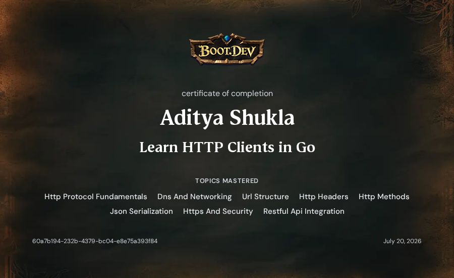 Aditya Shukla's Boot.dev Learn HTTP Clients in Go certificate