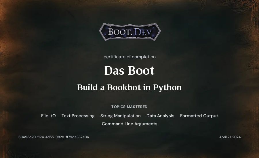 Das Boot's Boot.dev Build a BookBot in Python certificate