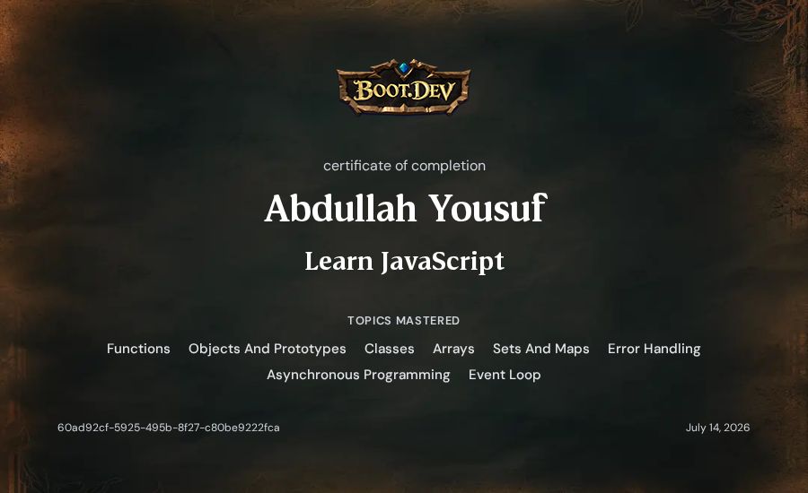 Abdullah Yousuf's Boot.dev Learn JavaScript certificate
