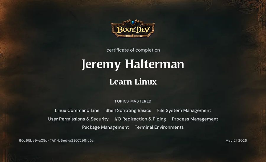 Jeremy Halterman's Boot.dev Learn Linux certificate
