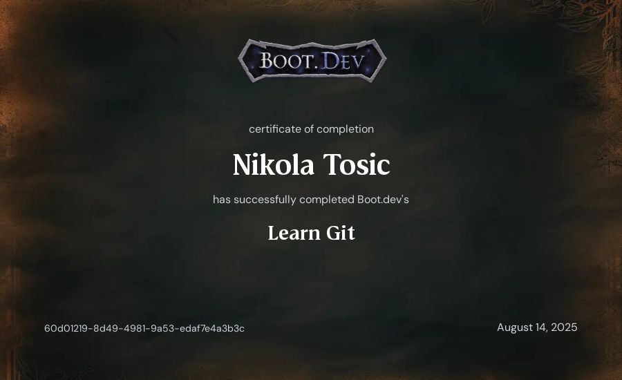 Nikola Tosic's Boot.dev Learn Git certificate