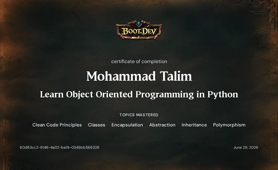 Mohammad Talim's Boot.dev Learn Object Oriented Programming in Python certificate