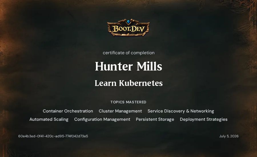 Hunter Mills's Boot.dev Learn Kubernetes certificate